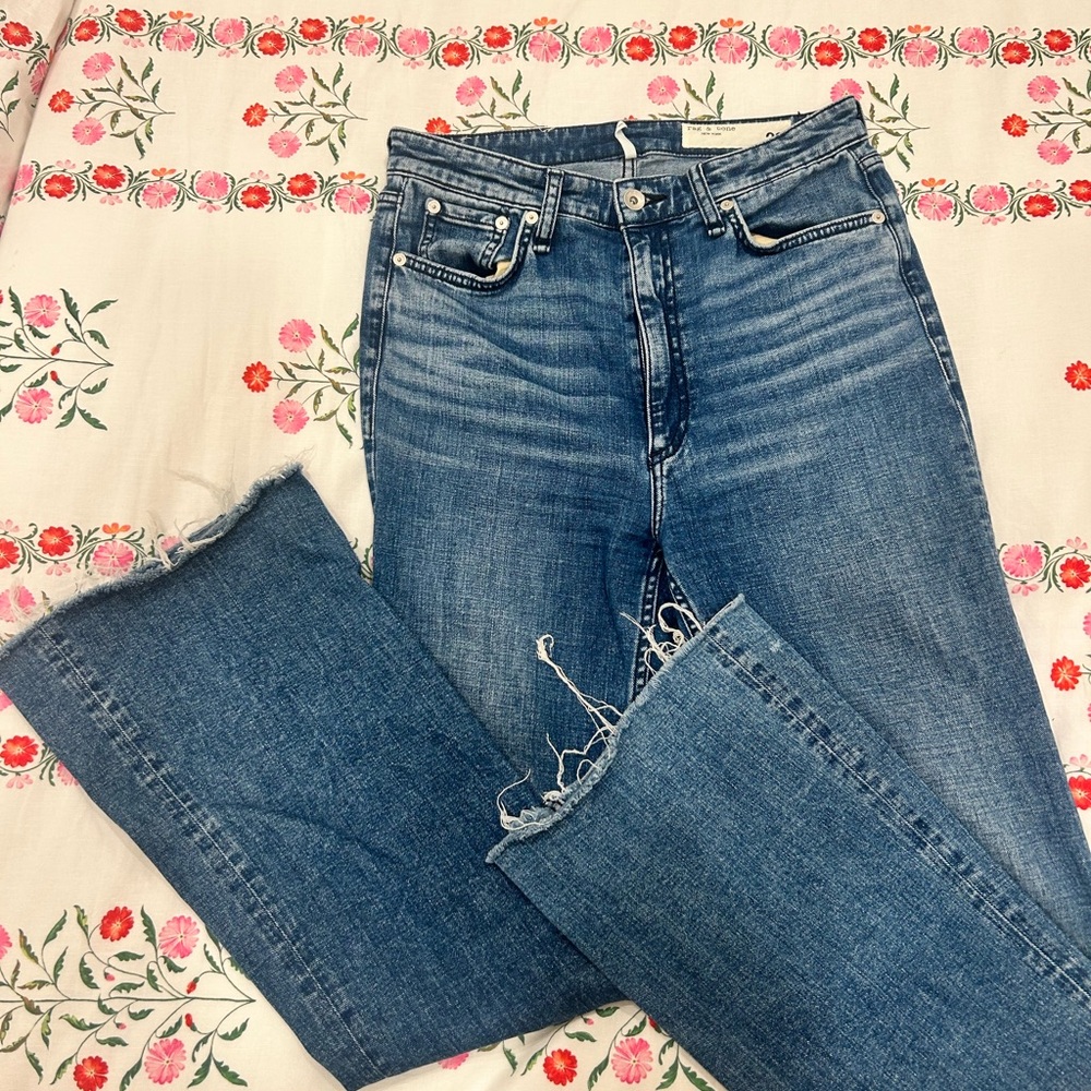 rag & bone Blue High-Rise Straight Leg Jeans with Raw Hem